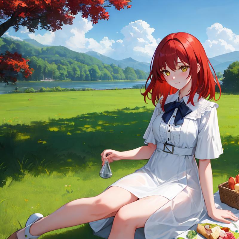 00145-2299588986-1Girl, mature, American, redhead, medium hair, yellow eyes, sitting on a picnic blanket near a lake, elegant summer dress, happy.png